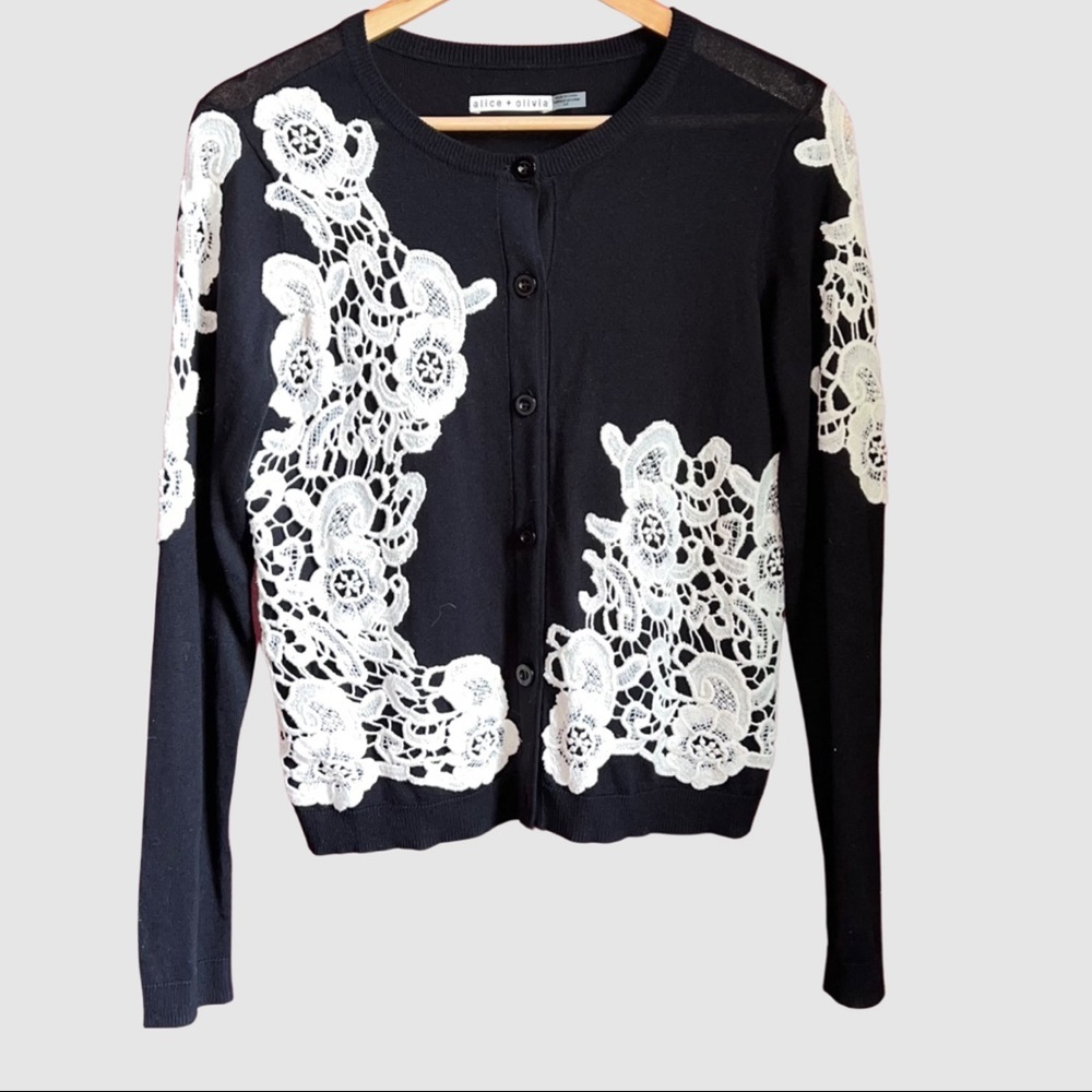 Alice + Olivia Black Knit Cotton Cardigan W/ White Embroidery S/P ($620)